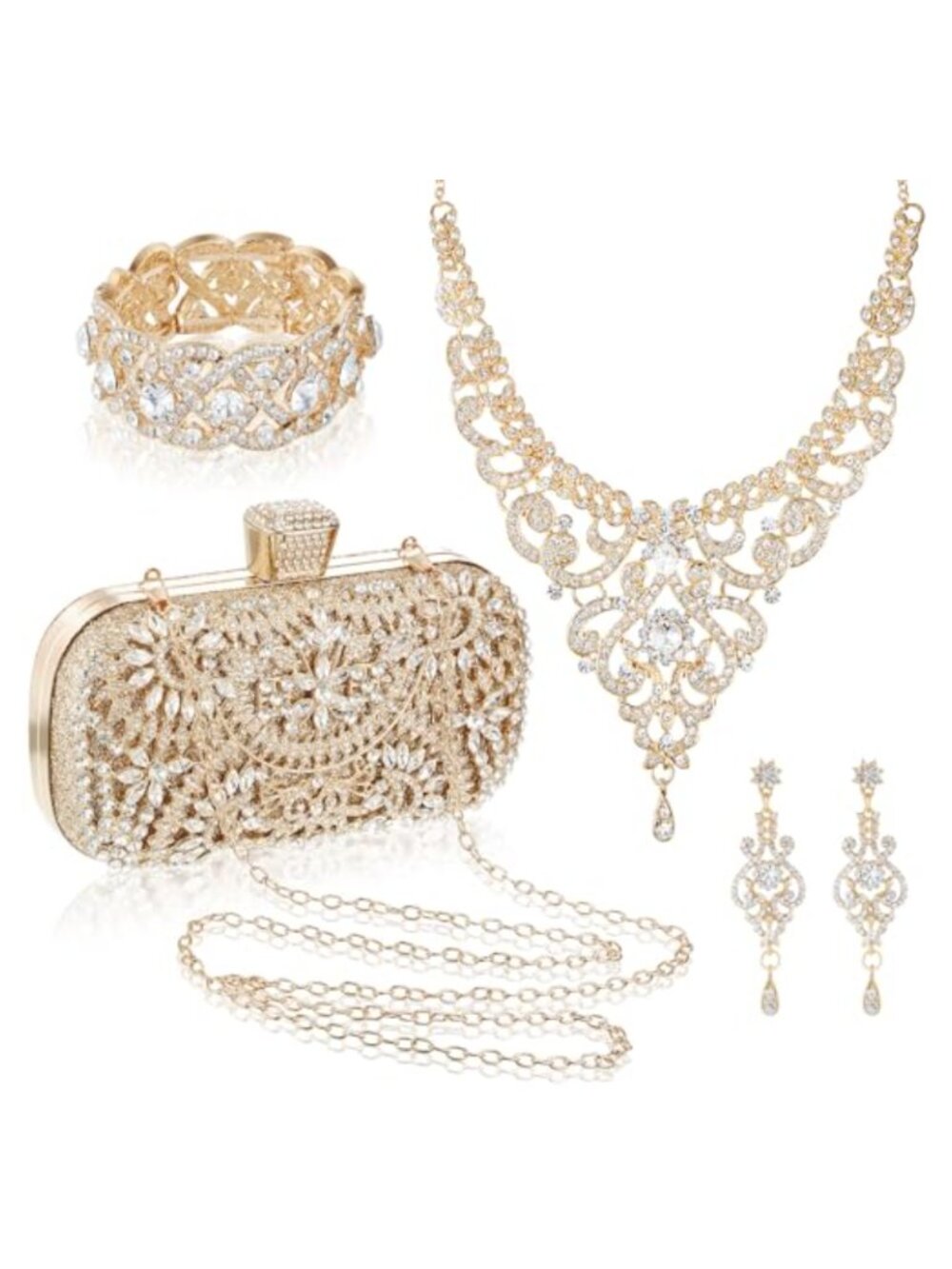 Rhinestone Jewelry Set 4 Pc with Clutch Bag Necklace Earrings Bracelet